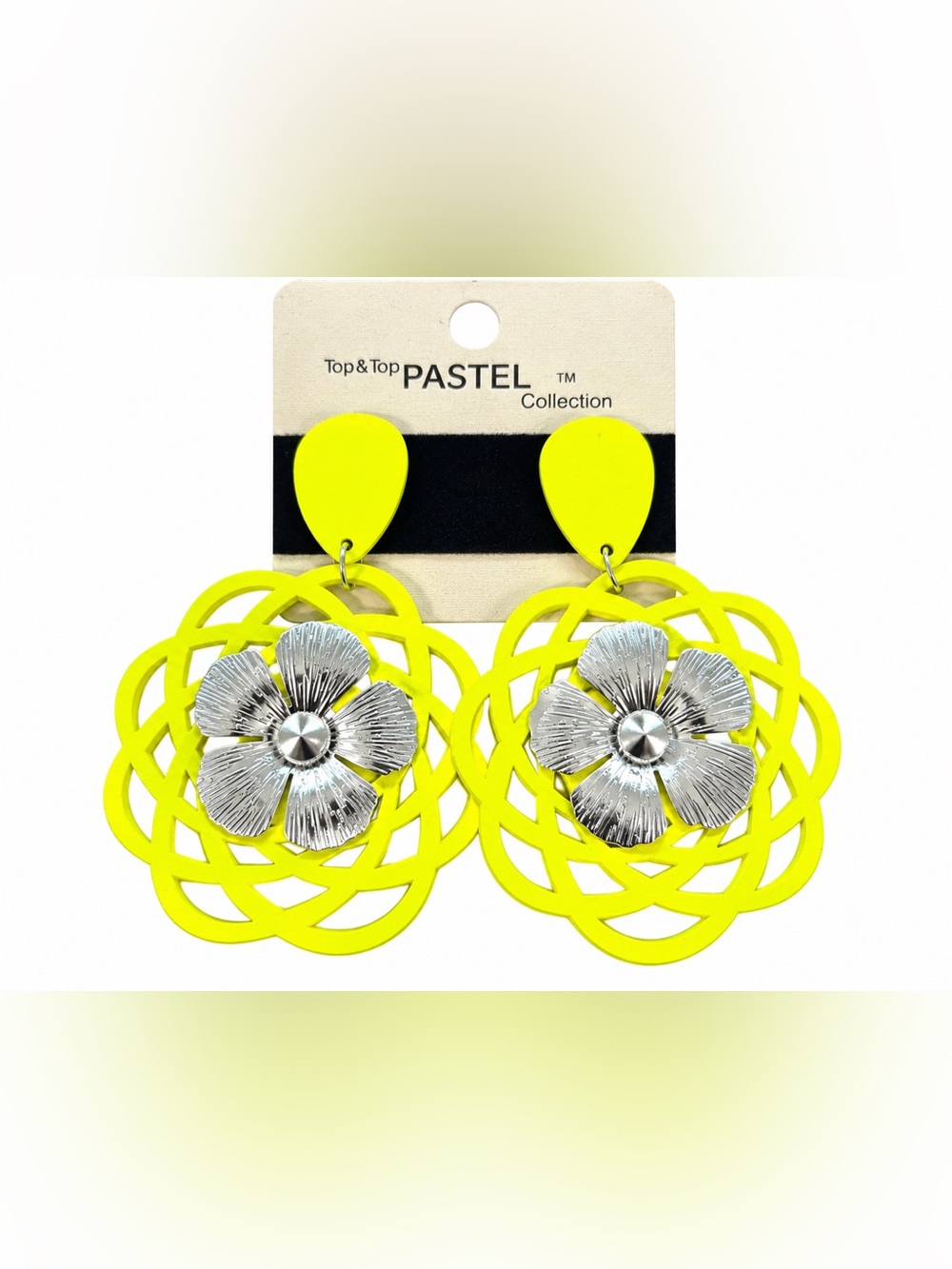 Top & Top Neon Yellow Silver Floral Statement Dangle Earrings Boho